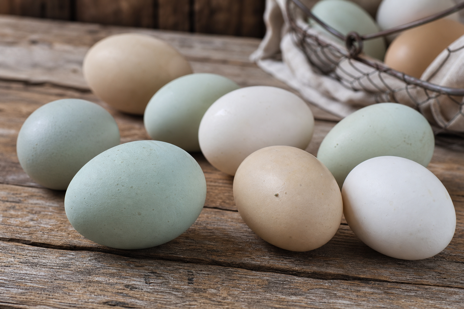 Assorted duck eggs in blue, green, cream and white on wood