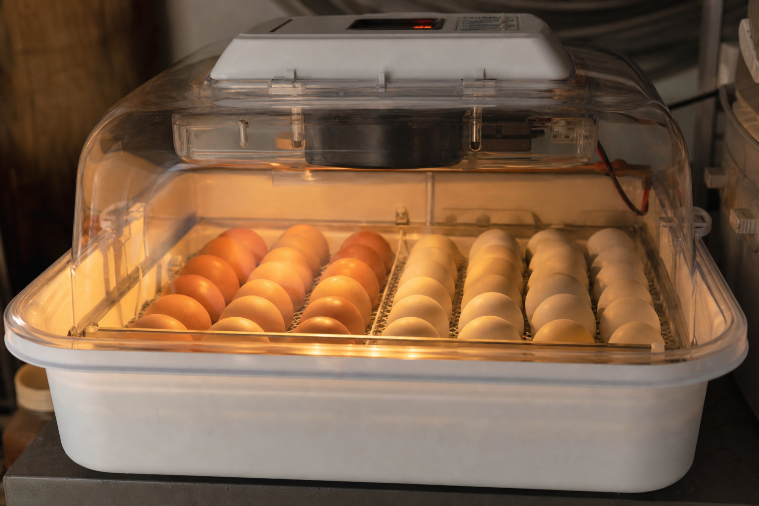 Eggs in a home incubator for hatching