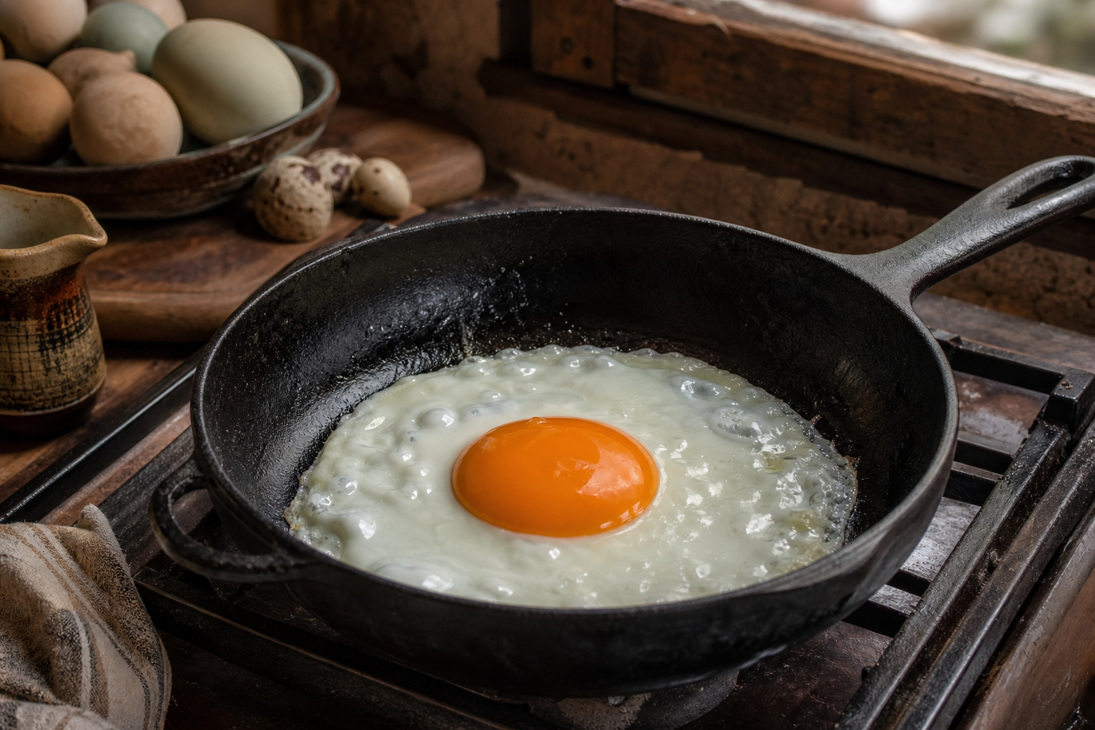 Duck egg frying in a cast iron skillet